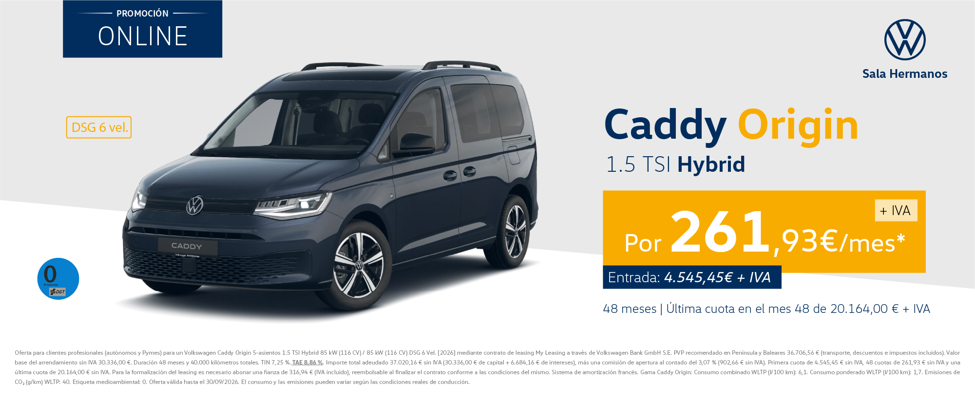 Volkswagen Caddy Origin 1.5 TSI Hybrid por 261,93€/mes*